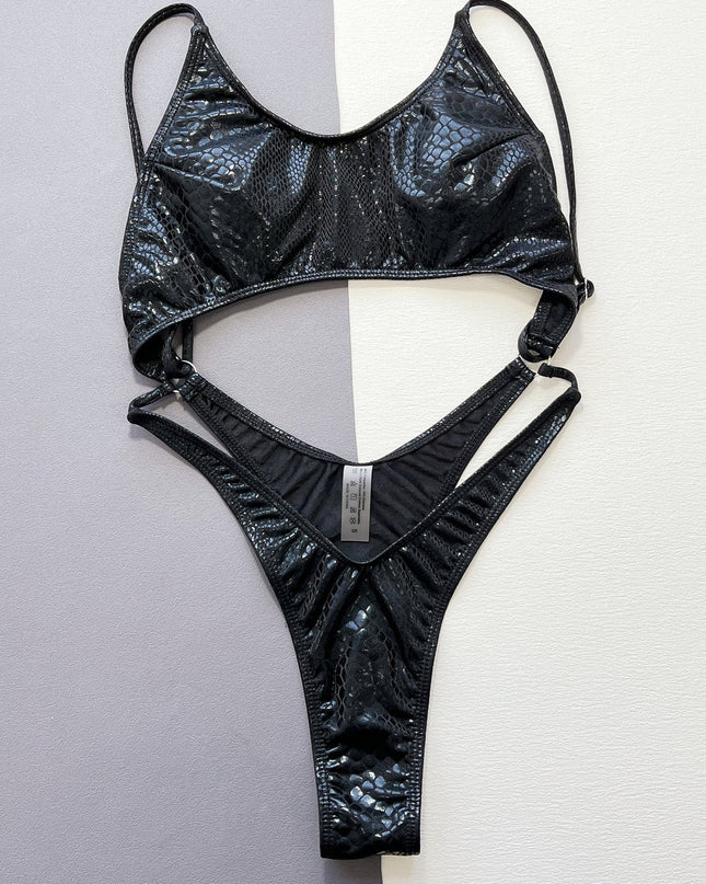 ZASUWA Female Snake Print Faux Leather Backless One Piece