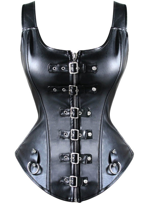 ZASUWA Female PU Faux Leather Zipper Roman Knot Corset Shapewear