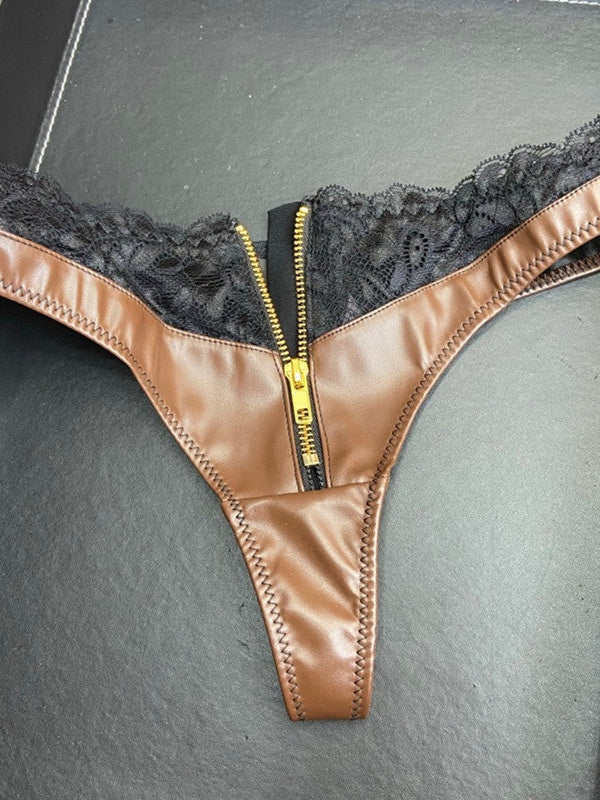 ZASUWA Female Faux Leather Zipper Lace Panties