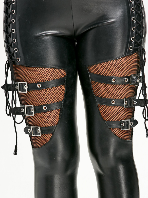 ZASUWA Female Black Net Pu Faux Leather Leggings