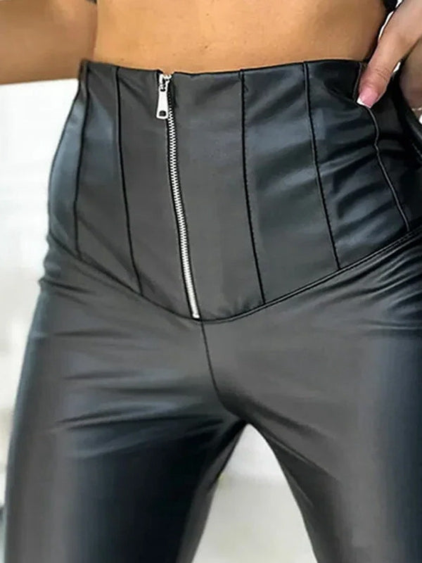 ZASUWA Female Faux Leather Zipper Tummy Control Leggings