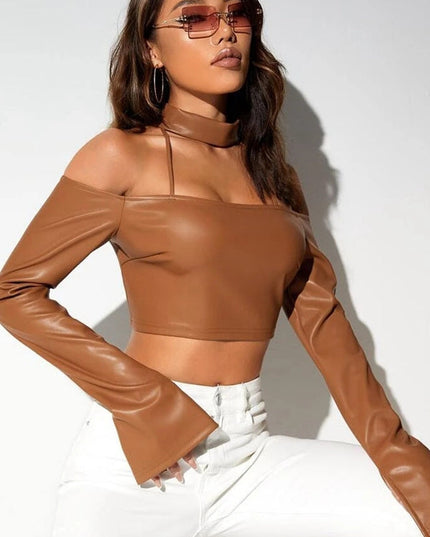 ZASUWA Female Sexy Faux Leather Backless Long Sleeves