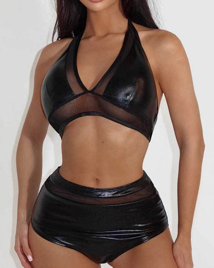 ZASUWA Female Sexy Glossy PU Mesh Bikini Set