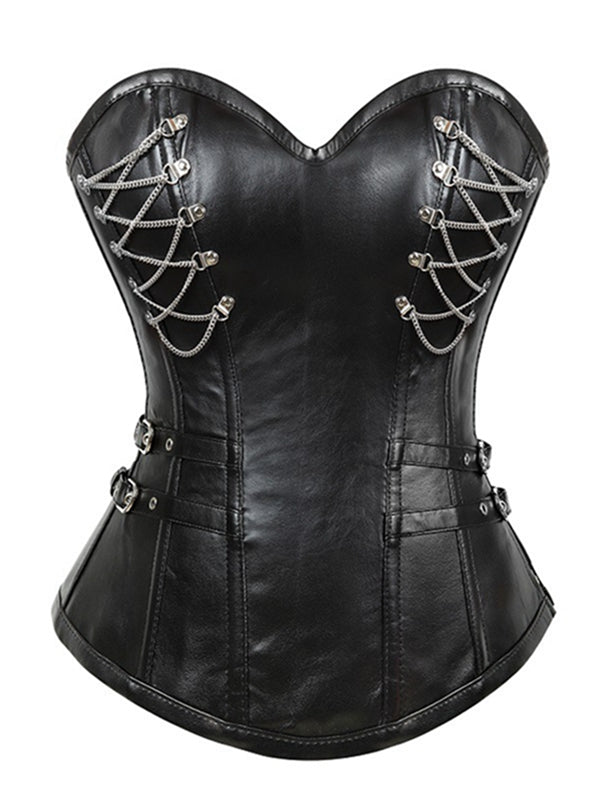 ZASUWA Female PU Faux Leather Metal Chain Roman-knot Corset Shapewear