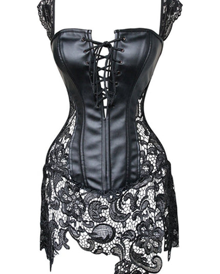 ZASUWA Female Lace PU Faux Leather Zipper Roman Knot Corset Shapewear