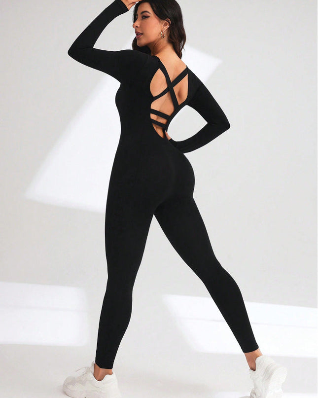 ZASUWA Female Cross Back Hollow Out Long Sleeves Jumpsuit