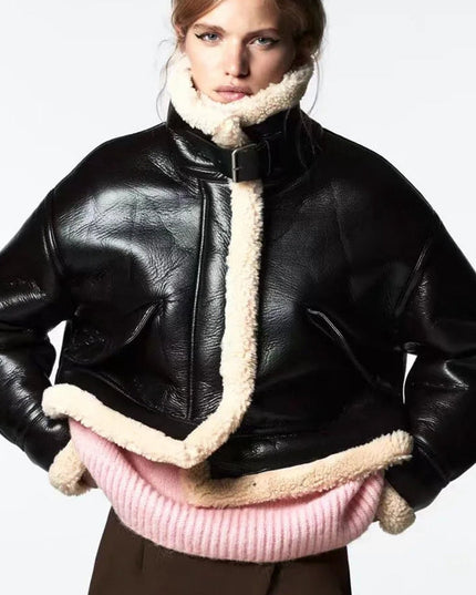 ZASUWA Female Faux Leather Lapel Pocket Fleece Jackets