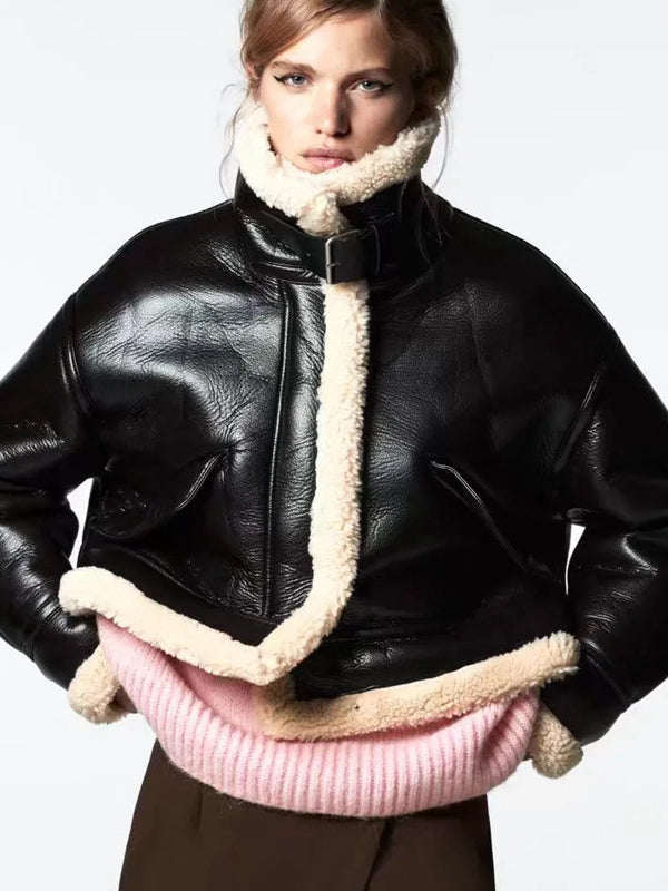 ZASUWA Female Faux Leather Lapel Pocket Fleece Jackets
