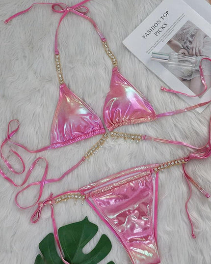 ZASUWA Female Sexy Glossy Laser Faux Leather Bikini Set