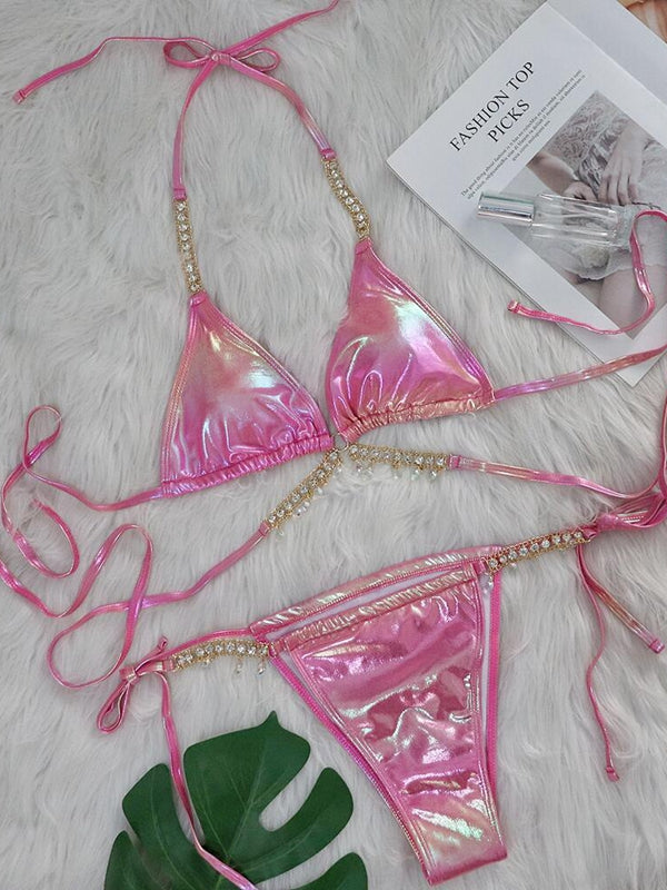 ZASUWA Female Sexy Glossy Laser Faux Leather Bikini Set