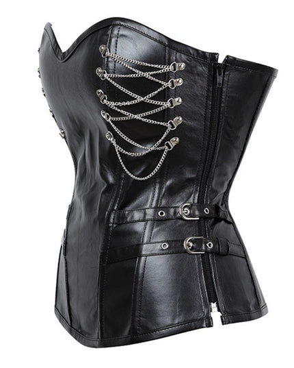 ZASUWA Female PU Faux Leather Metal Chain Roman-knot Corset Shapewear