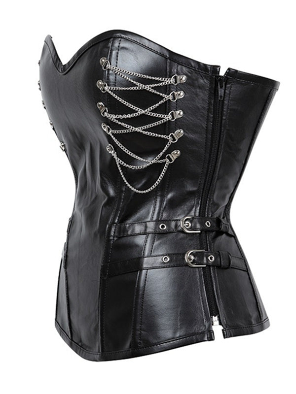 ZASUWA Female PU Faux Leather Metal Chain Roman-knot Corset Shapewear
