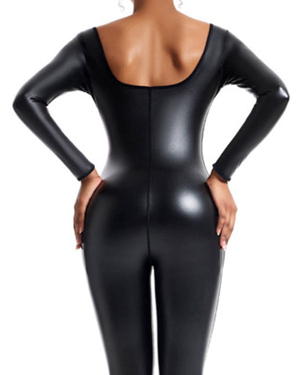 ZASUWA Female Faux Leather U Collar Long Sleeves Jumpsuits