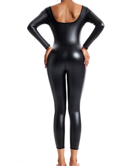 ZASUWA Female Faux Leather U Collar Long Sleeves Jumpsuits