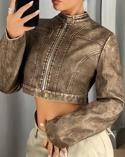 ZASUWA Female Zipper PU Stand Up Collar Jackets