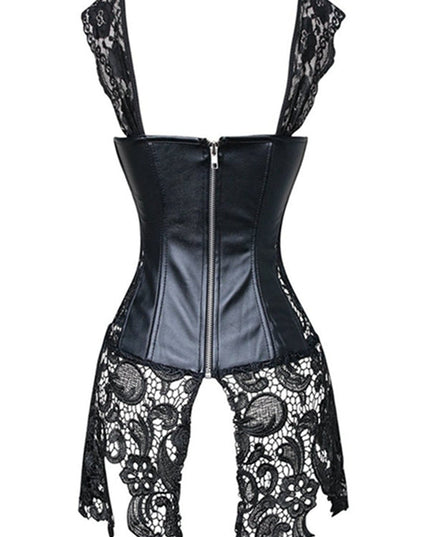 ZASUWA Female Lace PU Faux Leather Zipper Roman Knot Corset Shapewear