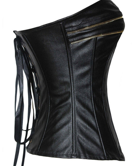 ZASUWA Female PU Faux Leather Zipper Roman-knot Corset Shapewear