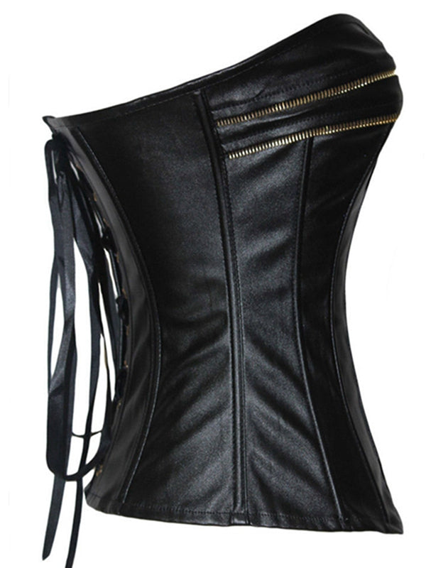 ZASUWA Female PU Faux Leather Zipper Roman-knot Corset Shapewear