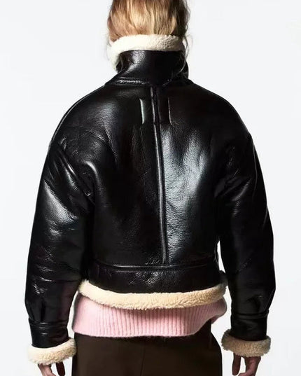 ZASUWA Female Faux Leather Lapel Pocket Fleece Jackets