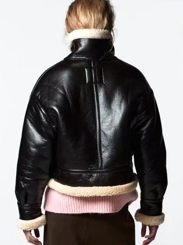 ZASUWA Female Faux Leather Lapel Pocket Fleece Jackets