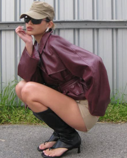 ZASUWA Female Zipper PU Trench Collar Jackets