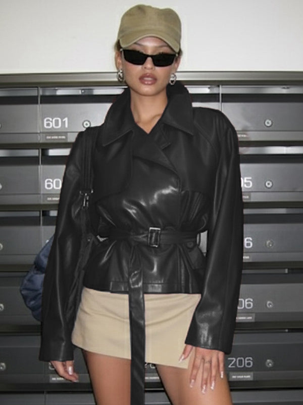 ZASUWA Female Zipper PU Trench Collar Jackets