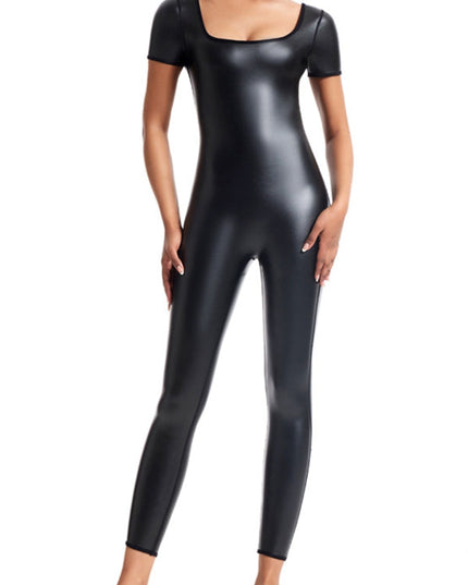 ZASUWA Female Faux Leather U Collar Short Sleeves Jumpsuits