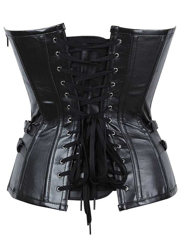 ZASUWA Female PU Faux Leather Metal Chain Roman-knot Corset Shapewear