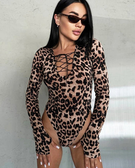 ZASUWA Female Sexy Leopard Print Lace-up Bodysuit