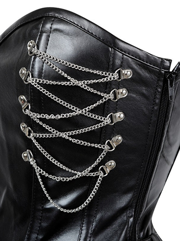 ZASUWA Female PU Faux Leather Metal Chain Roman-knot Corset Shapewear