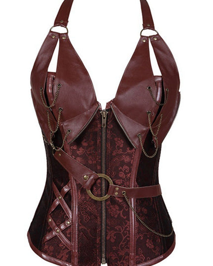 ZASUWA Female PU Faux Leather Zipper Print Corset Shapewear