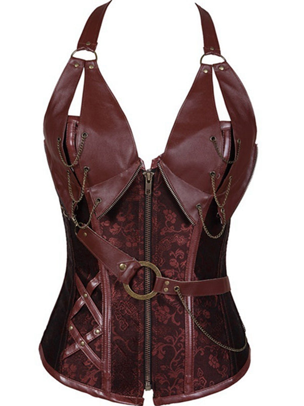 ZASUWA Female PU Faux Leather Zipper Print Corset Shapewear
