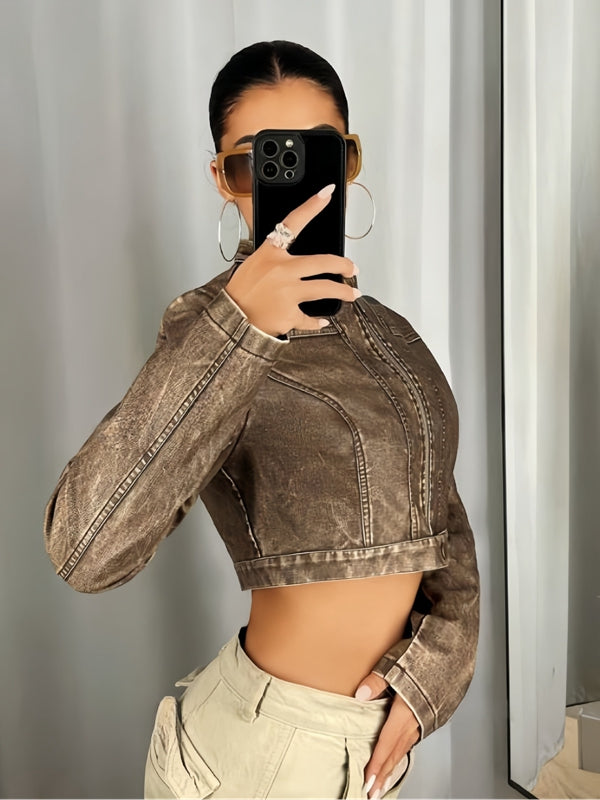 ZASUWA Female Zipper PU Stand Up Collar Jackets