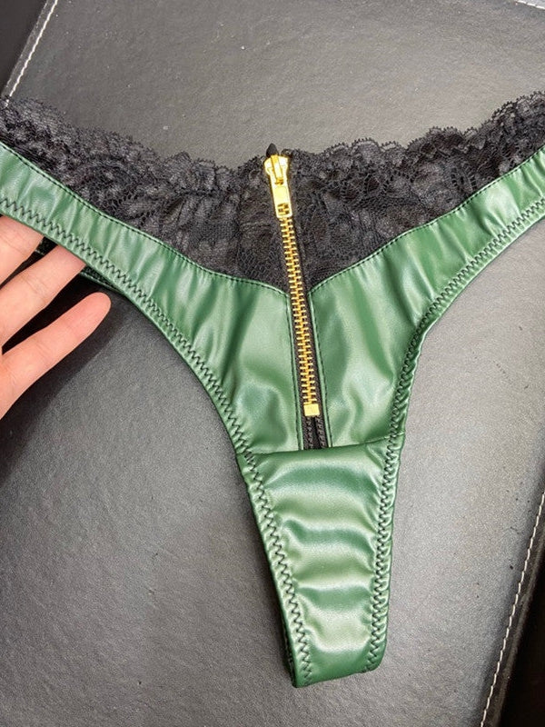 ZASUWA Female Faux Leather Zipper Lace Panties