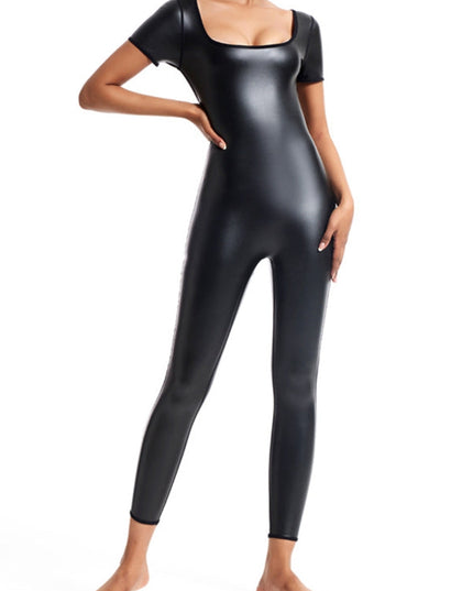 ZASUWA Female Faux Leather U Collar Short Sleeves Jumpsuits