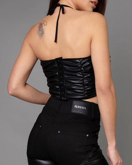 ZASUWA Female Faux Leather Zipper Halter Sports Bras