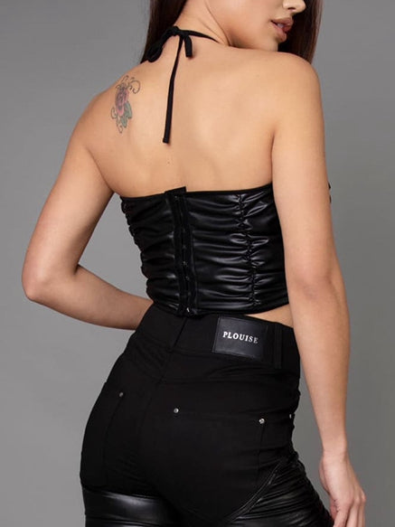 ZASUWA Female Faux Leather Zipper Halter Sports Bras
