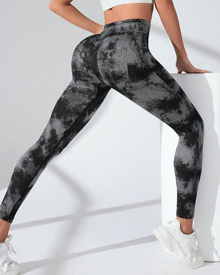 ZASUWA Female Hot Tie-dye Denim Pocket Scrunch Bum Leggings