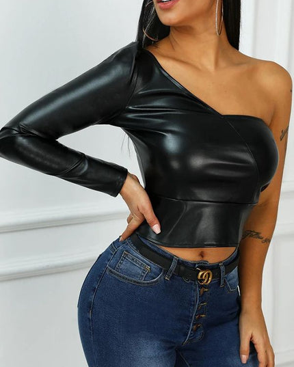 ZASUWA Female Faux Leather Tailoring Crop Top Long Sleeves