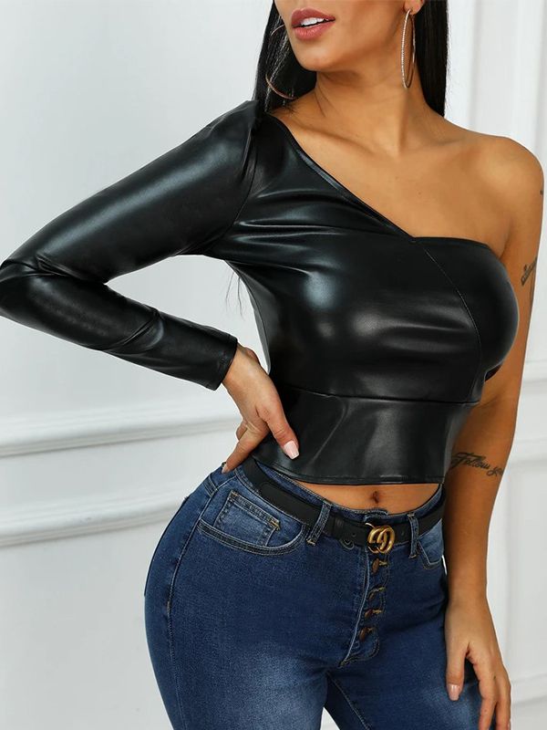 ZASUWA Female Faux Leather Tailoring Crop Top Long Sleeves