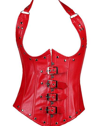 ZASUWA Female PU Faux Leather Buttons Halter Corset Shapewear