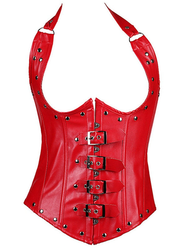 ZASUWA Female PU Faux Leather Buttons Halter Corset Shapewear