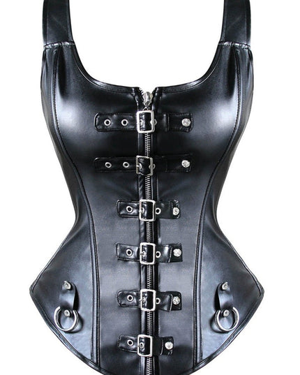 ZASUWA Female PU Faux Leather Zipper Roman Knot Corset Shapewear