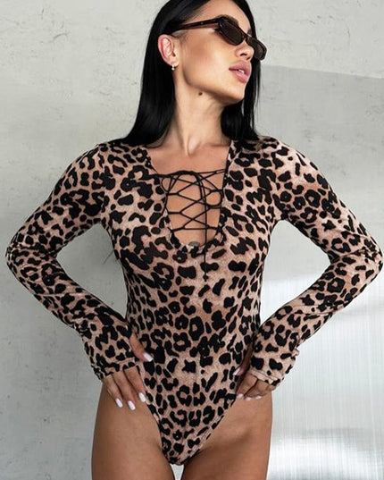 ZASUWA Female Sexy Leopard Print Lace-up Bodysuit