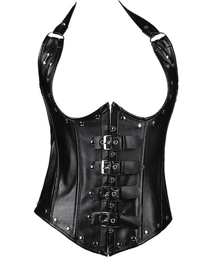 ZASUWA Female PU Faux Leather Buttons Halter Corset Shapewear