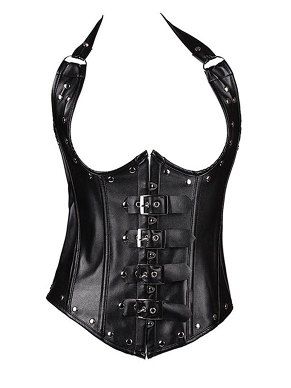 ZASUWA Female PU Faux Leather Buttons Halter Corset Shapewear