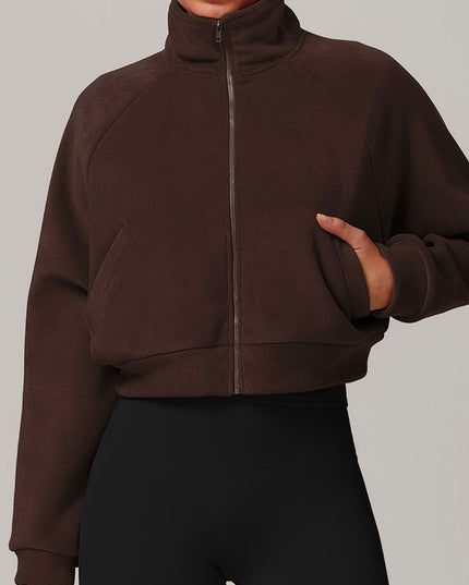 ZASUWA Female Fleece Stand Up Collar Zipper Cropped Hoodie