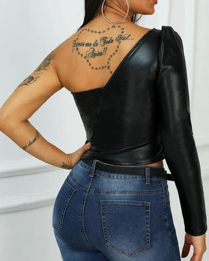 ZASUWA Female Faux Leather Tailoring Crop Top Long Sleeves
