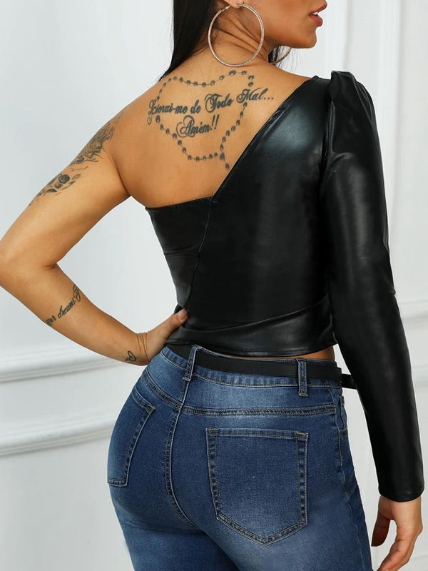 ZASUWA Female Faux Leather Tailoring Crop Top Long Sleeves