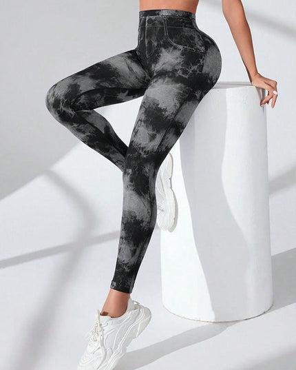ZASUWA Female Hot Tie-dye Denim Pocket Scrunch Bum Leggings
